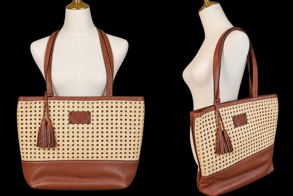 Patricia Nash Large Boho Leather Rattan Weave Tote Bag Cognac Vintage Style